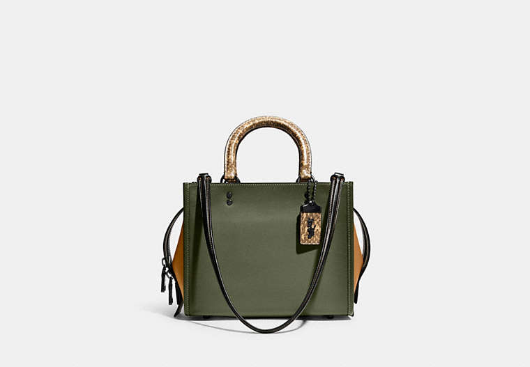 COACH®,ROGUE 25 IN COLORBLOCK WITH SNAKESKIN DETAIL,Snakeskin Leather,Medium,Pewter/Army Green Multi,Front View