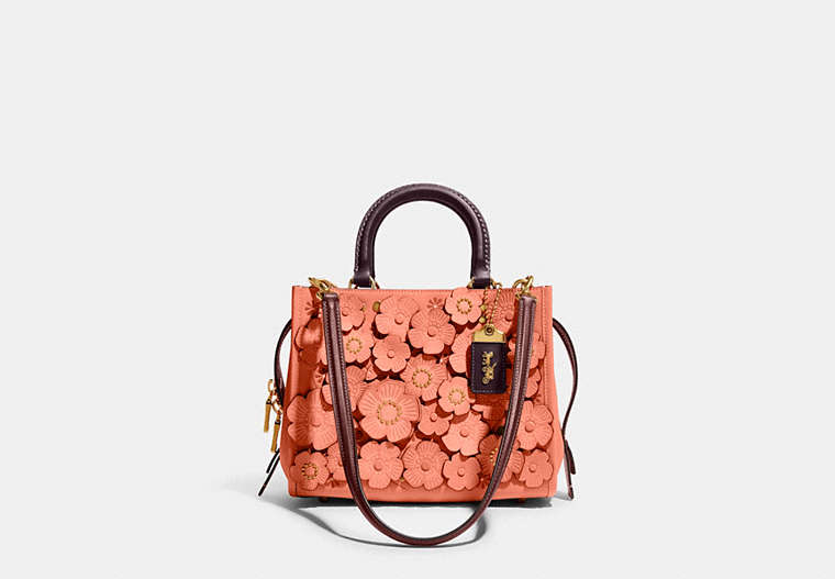 COACH®,ROGUE 25 IN COLORBLOCK WITH TEA ROSE,Glovetanned Leather,Medium,Brass/Light Coral Multi,Front View