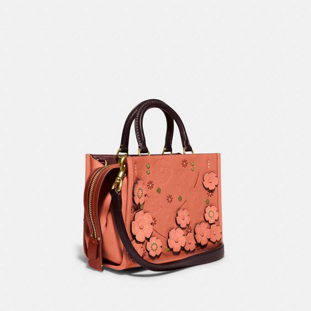 Coach Rogue 25 In Glovetanned Pebble Leather With Tea Roses In : Black  Copper/black Pink