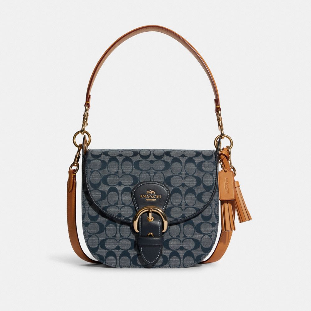 COACH®,PORTÉ-ÉPAULE KLEO 23 EN CHAMBRAY SIGNATURE,Or/DENIM MULTI,Front View