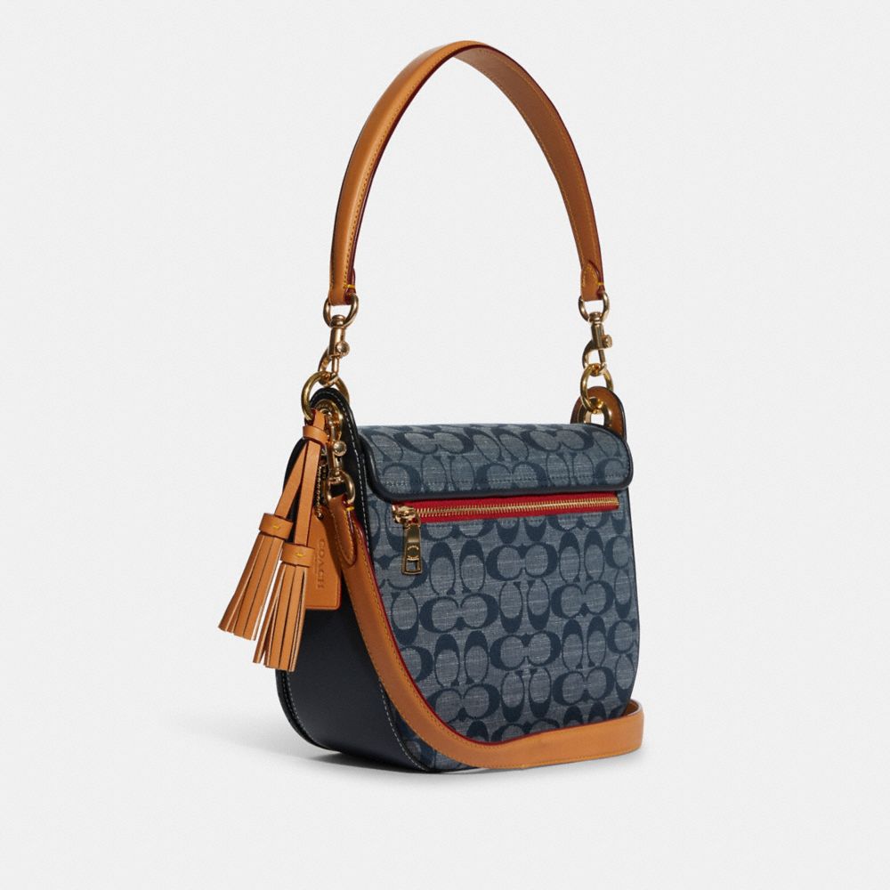 COACH®,PORTÉ-ÉPAULE KLEO 23 EN CHAMBRAY SIGNATURE,Or/DENIM MULTI,Angle View