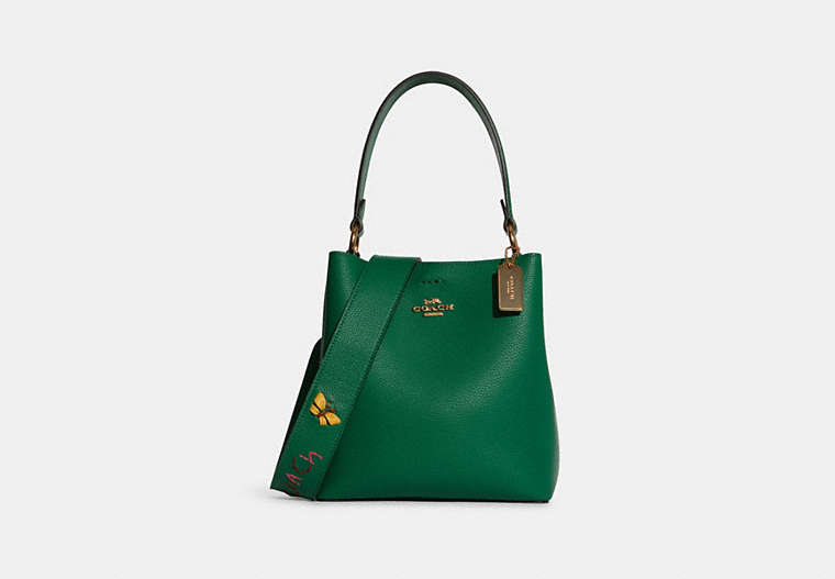 COACH®,SMALL TOWN BUCKET BAG WITH DIARY EMBROIDERY,Leather,Gold/Green Multi,Front View
