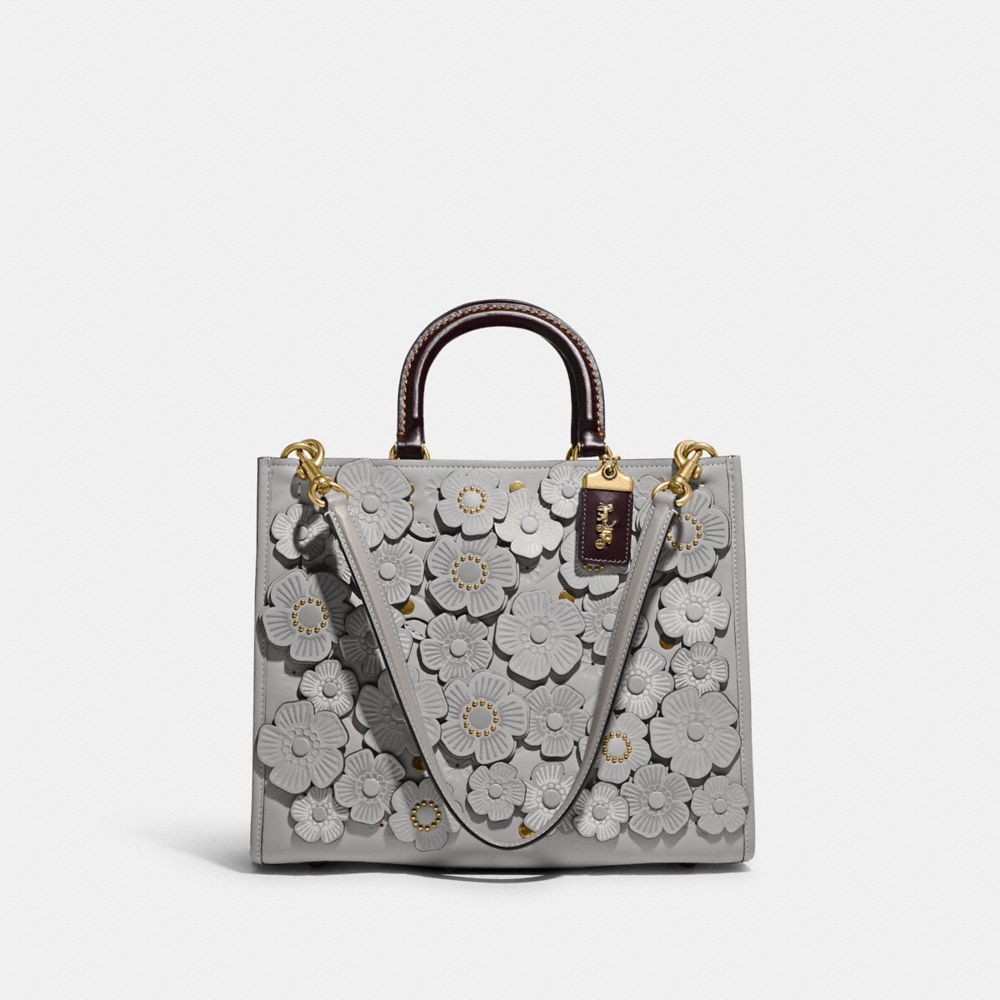 COACH®,ROGUE BAG IN COLORBLOCK WITH TEA ROSE APPLIQUE,Glovetan Leather,Large,Brass/Dove Grey Multi,Front View