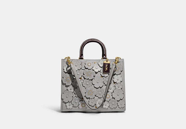 COACH®,ROGUE BAG IN COLORBLOCK WITH TEA ROSE APPLIQUE,Glovetanned Leather,Large,Brass/Dove Grey Multi,Front View