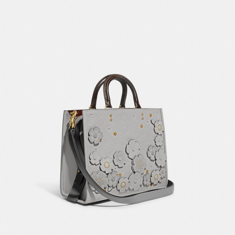 COACH®,ROGUE BAG IN COLORBLOCK WITH TEA ROSE APPLIQUE,Glovetan Leather,Large,Brass/Dove Grey Multi,Angle View