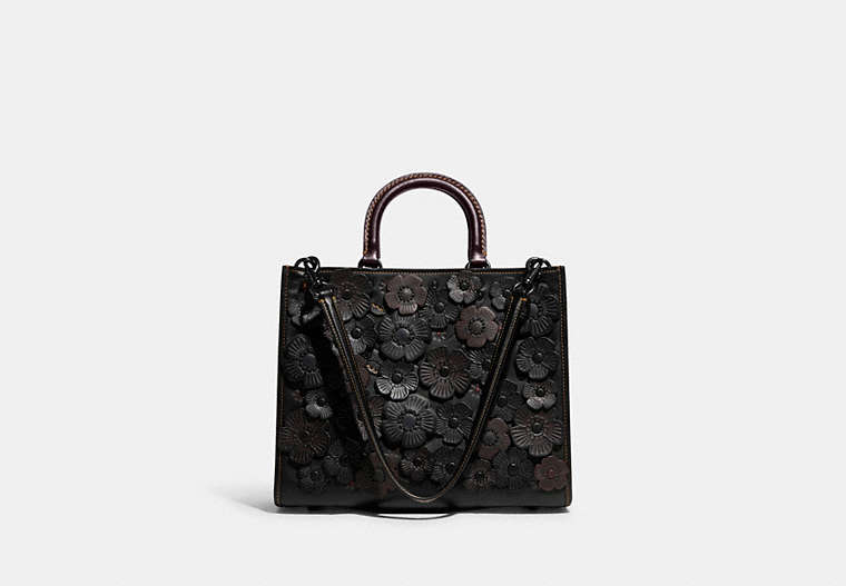 COACH®,ROGUE BAG IN COLORBLOCK WITH TEA ROSE APPLIQUE,Glovetanned Leather,Large,Pewter/Black Multi,Front View
