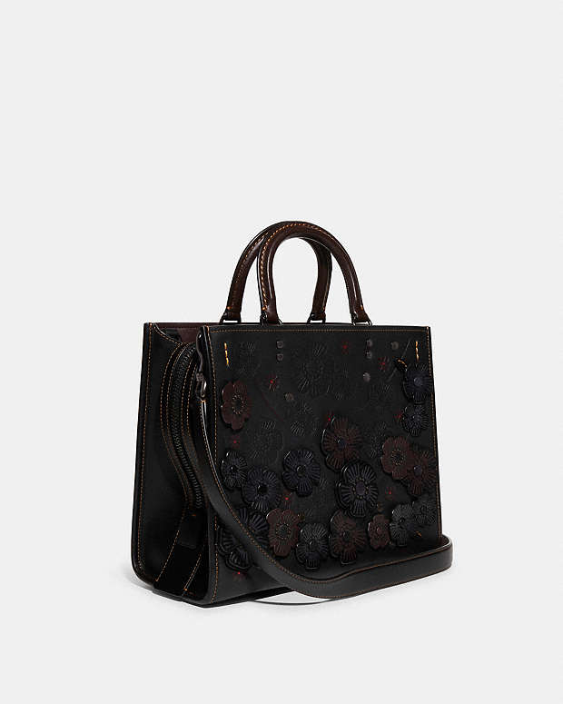 Coach 1941 Rogue Tote Bag with Linked Tea Rose Appliqué in Dark