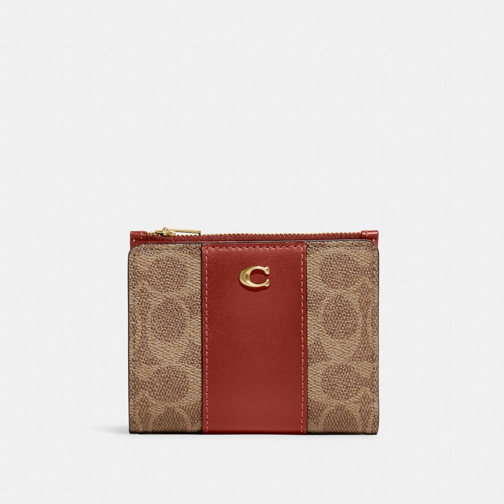 COACH®,BIFOLD SNAP WALLET IN SIGNATURE CANVAS,Brass/Tan/Rust,Front View image number 0