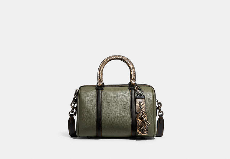 COACH®,RUBY SATCHEL 25 IN COLORBLOCK WITH SNAKESKIN DETAIL,Pebble Leather,Medium,Pewter/Army Green Multi,Front View