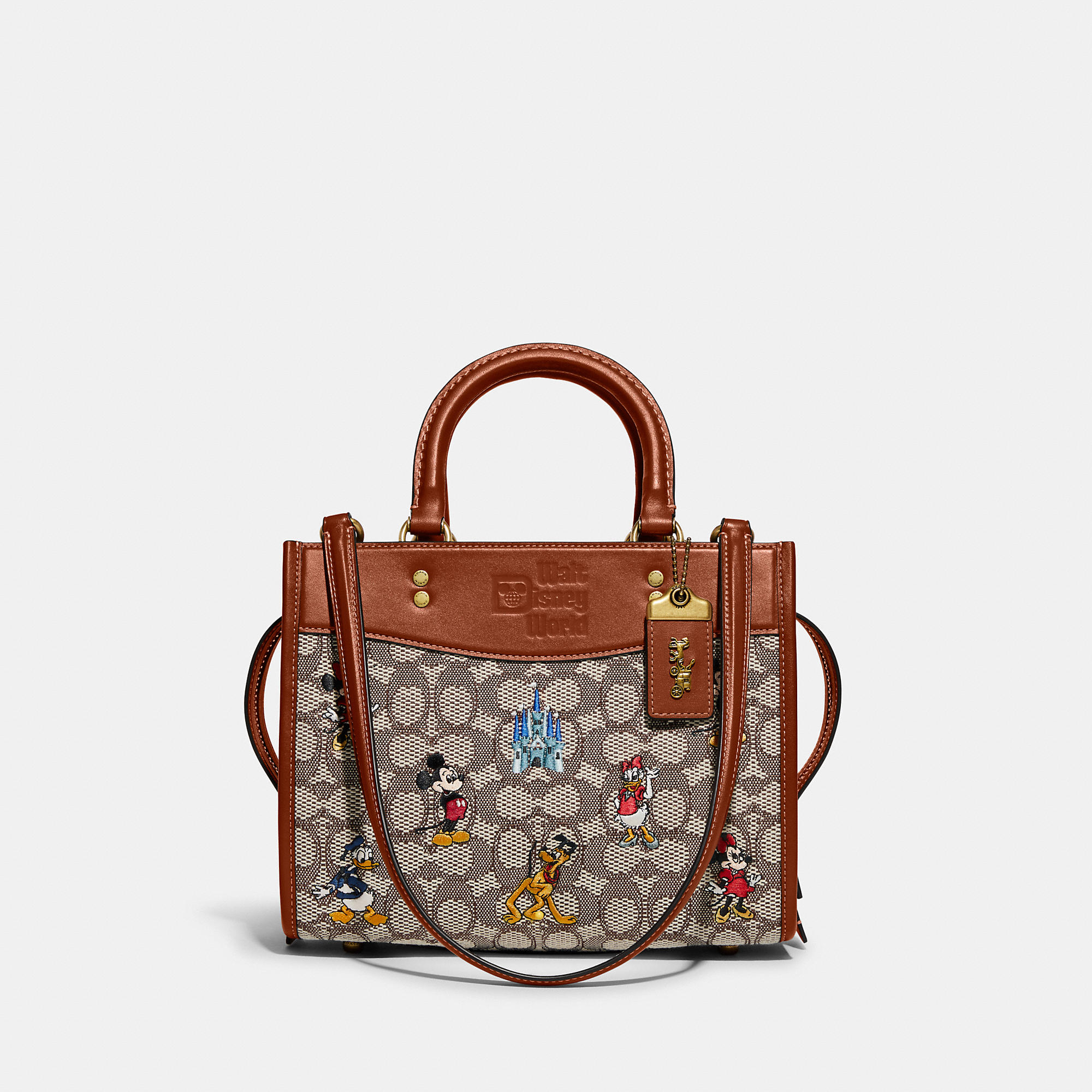 Coach Disney X Rogue 25 In Signature Textile Jacquard With Mickey Mouse And Friends Embroidery In Brown/beige