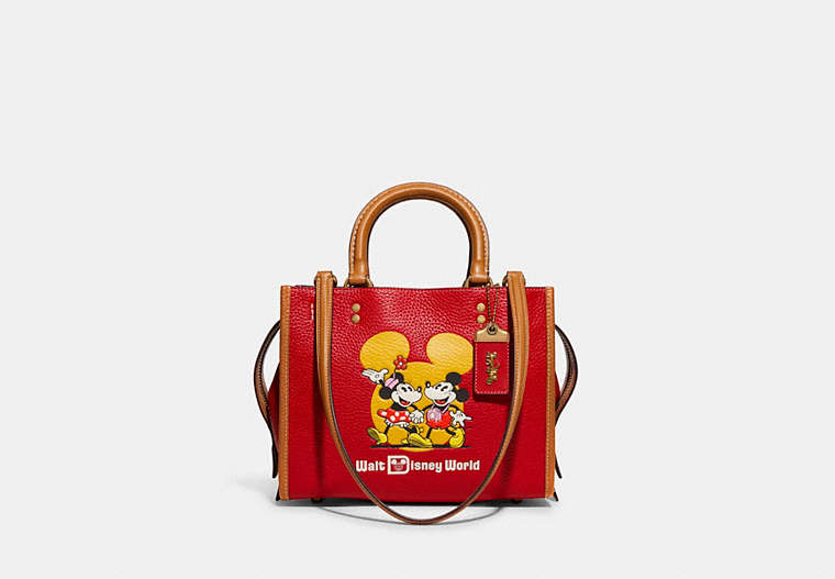 COACH®,DISNEY X COACH ROGUE BAG 25 WITH MICKEY MOUSE AND MINNIE MOUSE MOTIF,Pebble Leather,Medium,Brass/Electric Red Multi,Front View