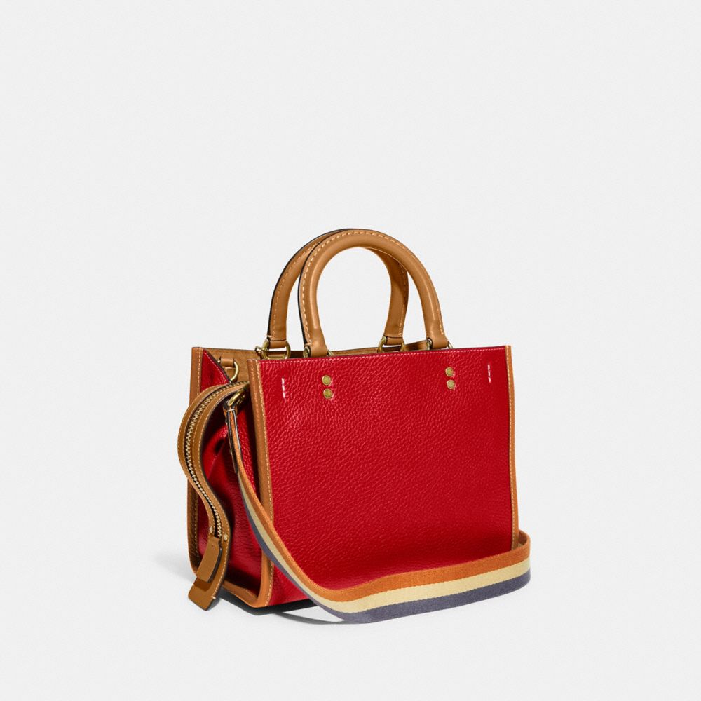 COACH®,Disney X Coach Rogue Bag 25 With Mickey Mouse And Minnie Mouse Motif,Crossbody,Piping,Studded,Day Party,Red,Angle View