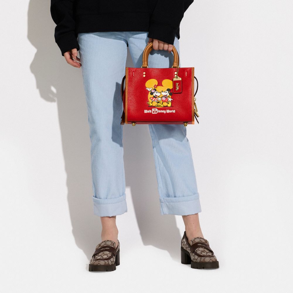 COACH®,Disney X Coach Rogue Bag 25 With Mickey Mouse And Minnie Mouse Motif,Crossbody,Piping,Studded,Day Party,Red,Detail View