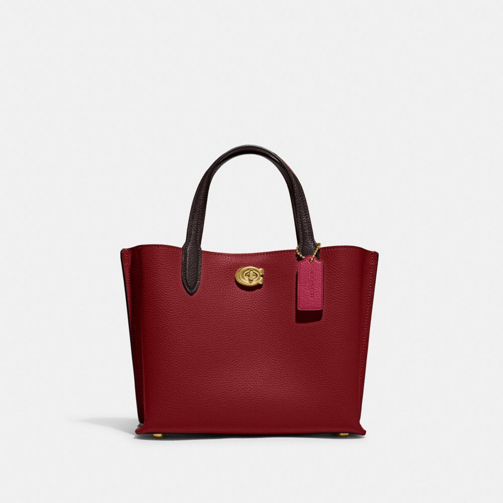 COACH®,WILLOW TOTE BAG 24 IN COLORBLOCK,Medium,Brass/Cherry,Front View image number 0