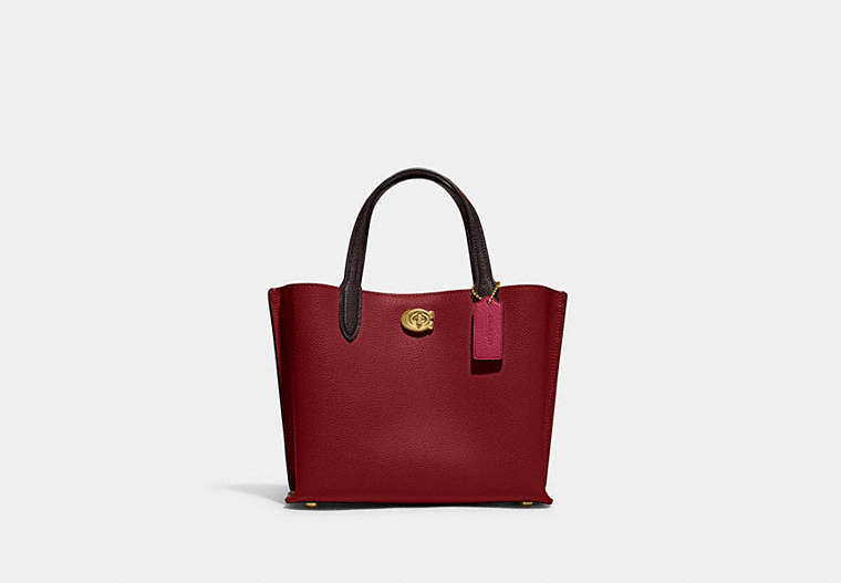 COACH®,WILLOW TOTE BAG 24 IN COLORBLOCK,Polished Pebble Leather,Medium,Brass/Cherry,Front View image number 0