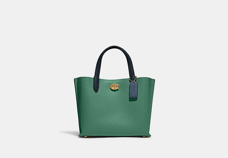 COACH®,WILLOW TOTE 24 IN COLORBLOCK,Polished Pebble Leather,Medium,Brass/Bright Green Multi,Front View