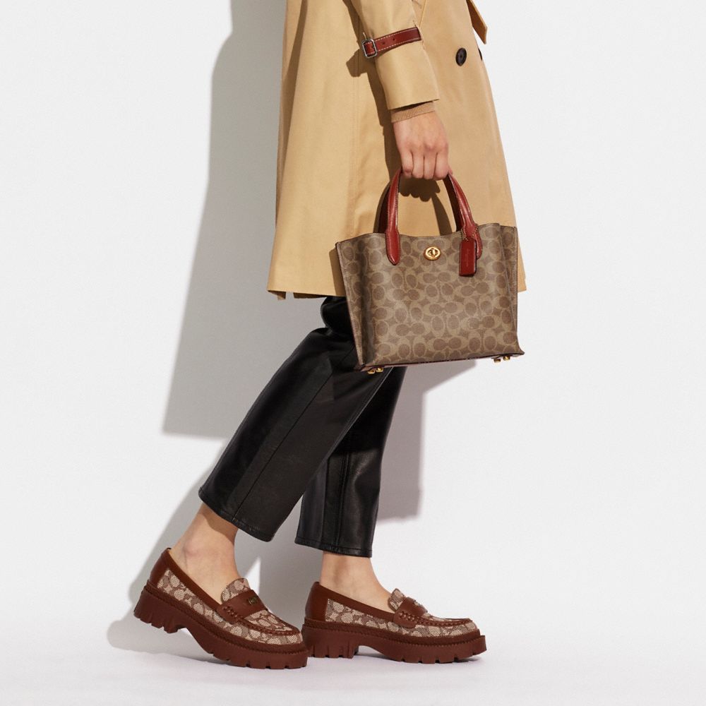 COACH®,Willow Tote Bag 24 In Signature Canvas,Calf Hair,Leather,Tote,No Embellishment,Casual,Brown,Detail View