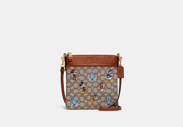 COACH®,DISNEY X COACH KITT MESSENGER CROSSBODY IN SIGNATURE TEXTILE JACQUARD WITH MICKEY MOUSE AND FRIENDS EMBRO...,Brass/Cocoa Burnished Amber Multi,Front View