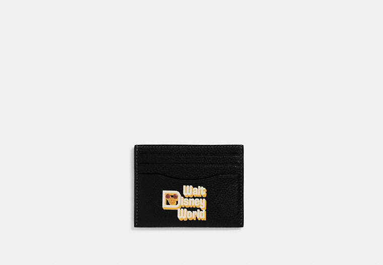 COACH®,DISNEY X COACH CARD CASE WITH WALT DISNEY WORLD MOTIF,Polished Pebble Leather,Mini,Black,Front View