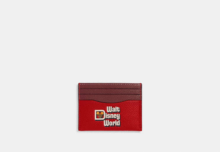 COACH®,DISNEY X COACH CARD CASE WITH WALT DISNEY WORLD MOTIF,Polished Pebble Leather,Mini,Electric Red Multi,Front View