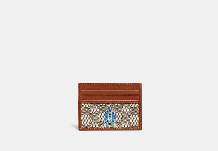 Disney X Coach Card Case In Signature Textile Jacquard With Castle Embroidery