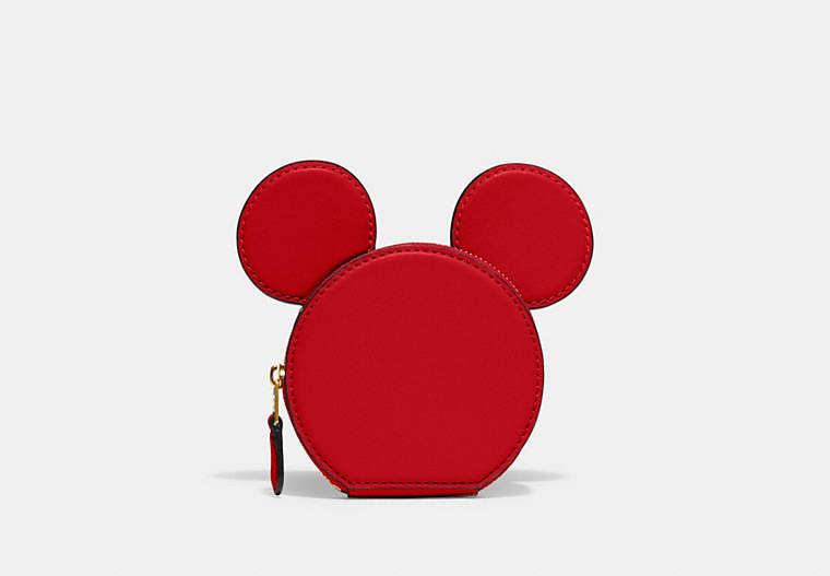 COACH®,DISNEY X COACH MICKEY MOUSE COIN CASE,Glovetanned Leather,Mini,Brass/Electric Red,Front View