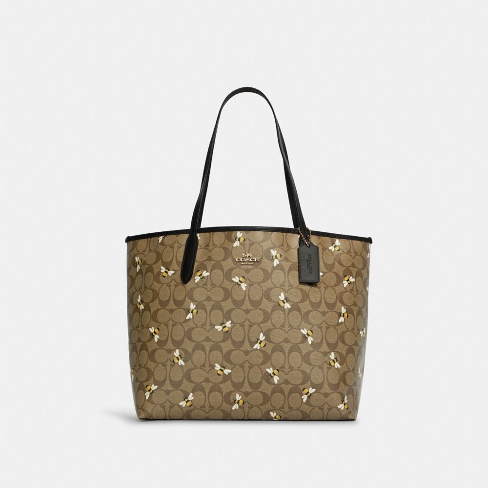 COACH®,CITY TOTE IN SIGNATURE CANVAS WITH BEE PRINT,Coated Canvas/Signature Coated Canvas/Smooth Leather,X-Large,Gold/Khaki Multi,Front View