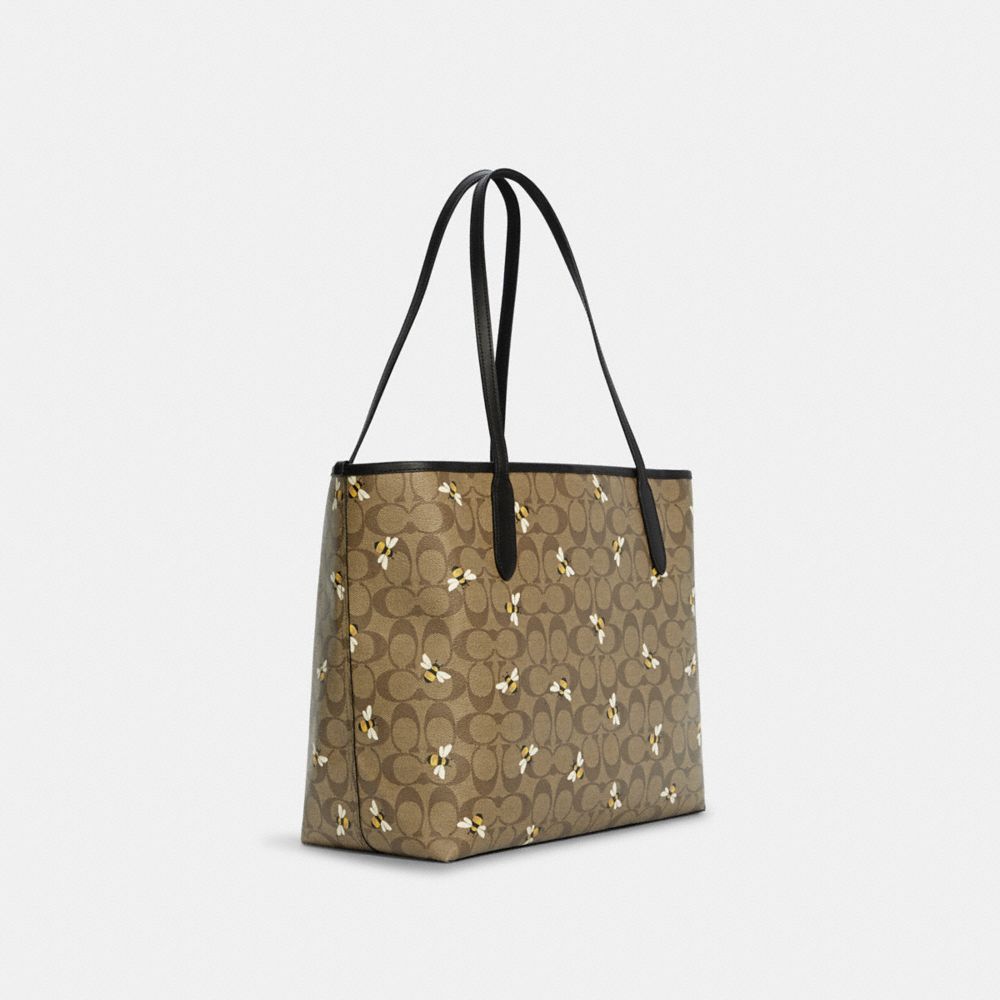 COACH®,CITY TOTE IN SIGNATURE CANVAS WITH BEE PRINT,Coated Canvas/Signature Coated Canvas/Smooth Leather,X-Large,Gold/Khaki Multi,Angle View