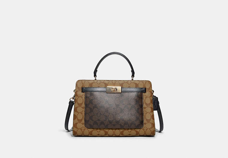 COACH®,LANE CARRYALL IN BLOCKED SIGNATURE CANVAS,Leather,Large,Gold/Khaki Brown Multi,Front View