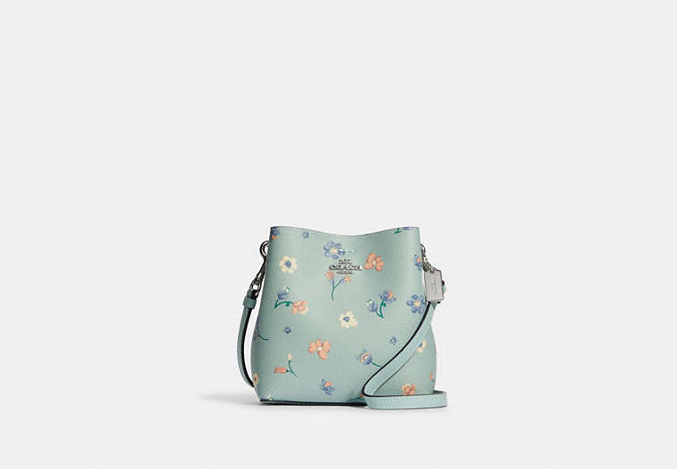 COACH®,MINI TOWN BUCKET BAG WITH MYSTICAL FLORAL PRINT,Small,Silver/Light Teal Multi,Front View