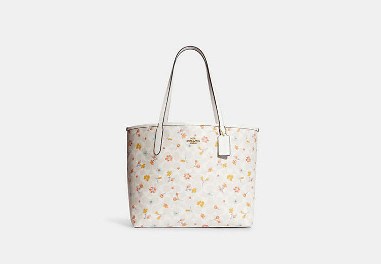 COACH®,CITY TOTE IN SIGNATURE CANVAS WITH MYSTICAL FLORAL PRINT,X-Large,Gold/Chalk Multi,Front View