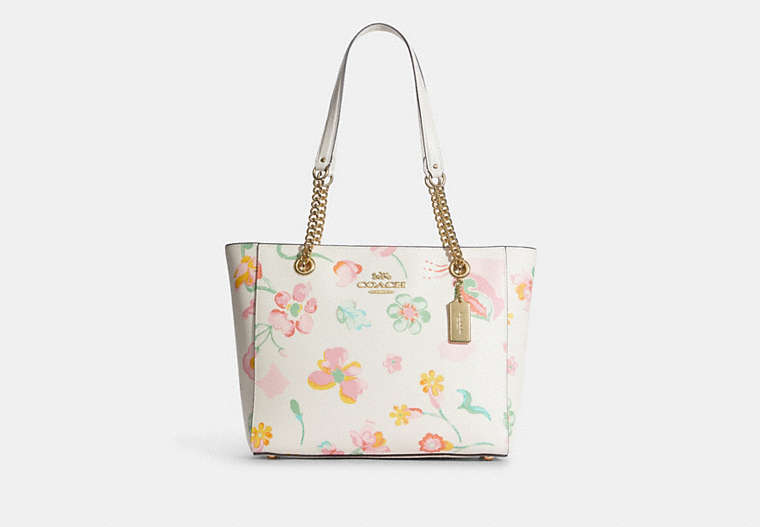 COACH®,CAMMIE CHAIN TOTE WITH DREAMY LAND FLORAL PRINT,Leather,Large,Gold/Chalk Multi,Front View