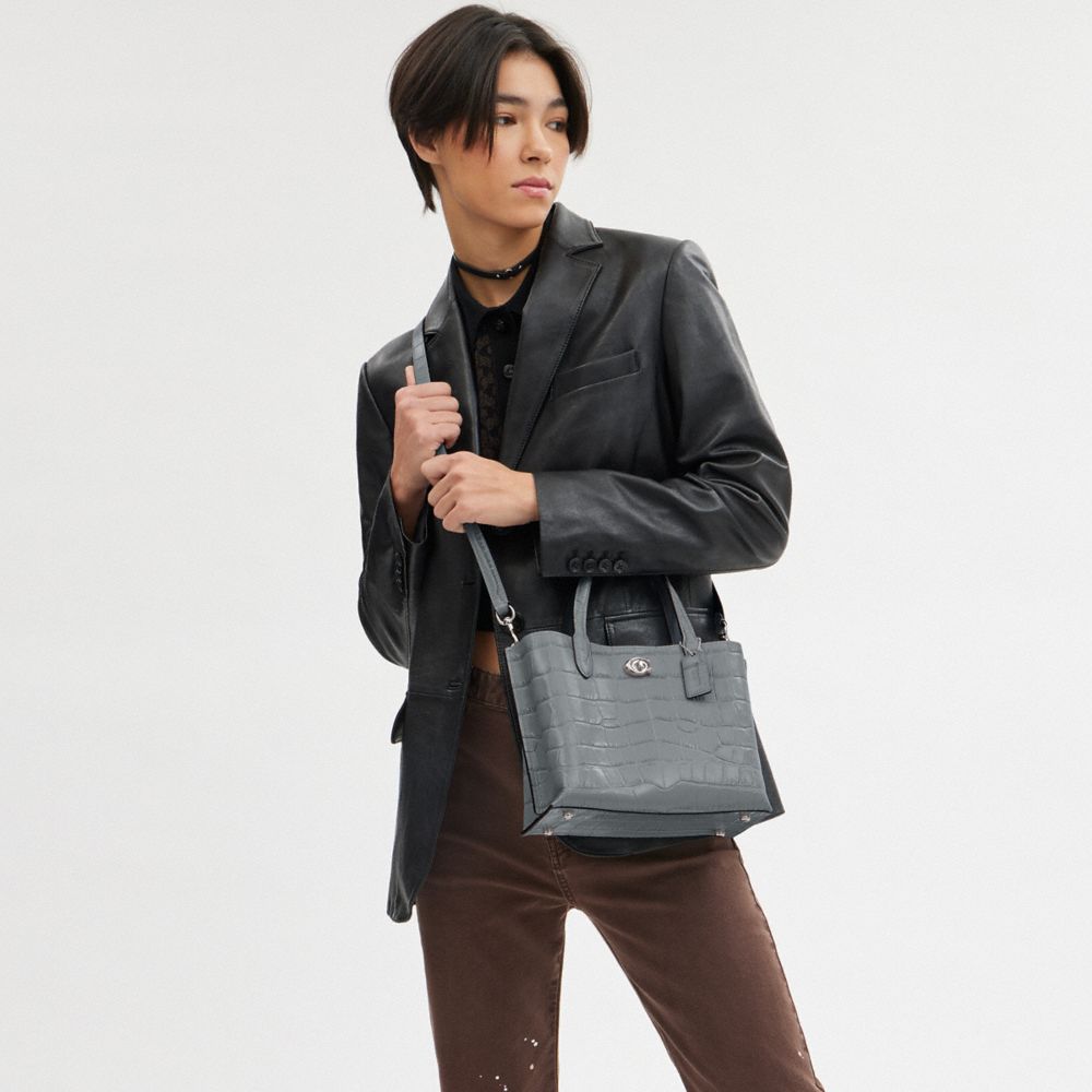 COACH®,Willow Tote Bag 24,Leather,Crossbody,Logo,Metal,Casual,Gray,Detail View