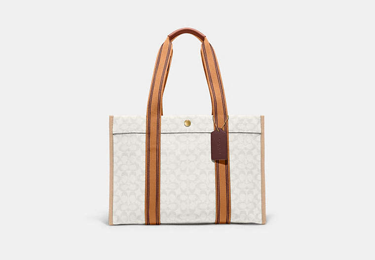 COACH®,SPIN TOTE 42 IN SIGNATURE JACQUARD,Jacquard/Smooth Leather,Large,Brass/Natural Multi,Front View