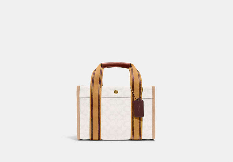 COACH®,SPIN TOTE 27 IN SIGNATURE JACQUARD,Jacquard/Smooth Leather,Medium,Brass/Natural Multi,Front View