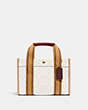 COACH®,SPIN TOTE 27 IN SIGNATURE JACQUARD,Jacquard/Smooth Leather,Medium,Brass/Natural Multi,Front View