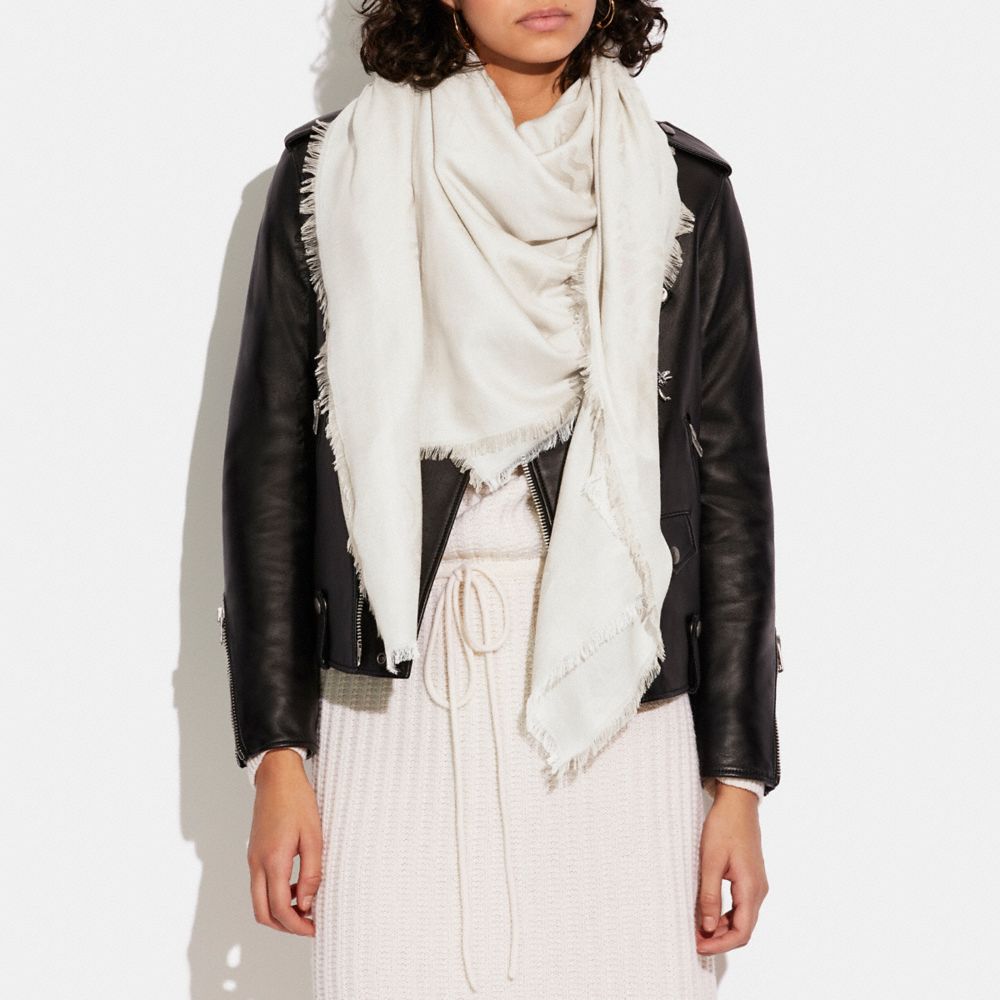 COACH®,Horse And Carriage Print Oversized Square Scarf,Cotton,Modal,Wool,Square,Logo,Frayed,Casual,Cream,Detail View