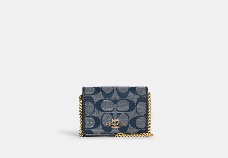 COACH®,MINI WALLET ON A CHAIN IN SIGNATURE CHAMBRAY,chambray,Mini,Gold/Denim Multi,Front View