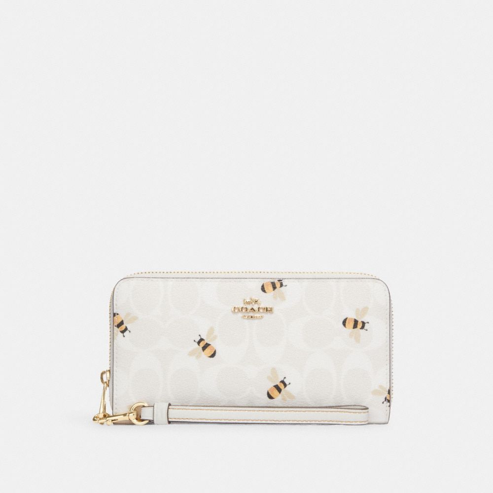 COACH®,LONG ZIP AROUND WALLET IN SIGNATURE CANVAS WITH BEE PRINT,Mini,Gold/Chalk/Glacier White Multi,Front View