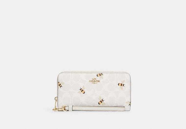 COACH®,LONG ZIP AROUND WALLET IN SIGNATURE CANVAS WITH BEE PRINT,Coated Canvas/Leather,Mini,Gold/Chalk/Glacier White Multi,Front View
