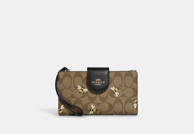COACH®,PHONE WALLET IN SIGNATURE CANVAS WITH BEE PRINT,Coated Canvas/Leather,Gold/Khaki Multi,Front View