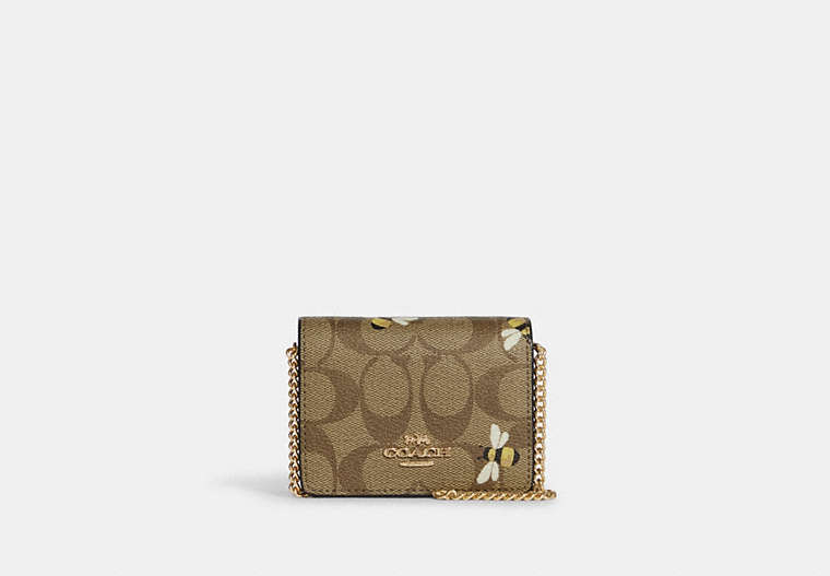 COACH®,MINI WALLET ON A CHAIN IN SIGNATURE CANVAS WITH BEE PRINT,Coated Canvas/Signature Coated Canvas/Smooth Le...,Gold/Khaki Multi,Front View