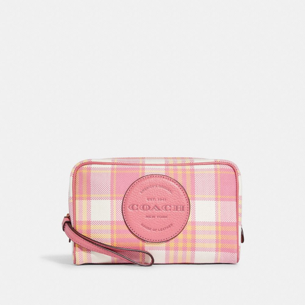 Dempsey Boxy Cosmetic Case 20 With Garden Plaid Print And Coach Patch