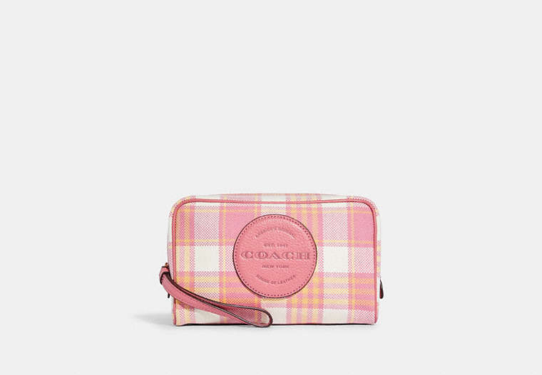 COACH®,DEMPSEY BOXY COSMETIC CASE 20 WITH GARDEN PLAID PRINT AND COACH PATCH,Jacquard,Small,Gold/Taffy Multi,Front View