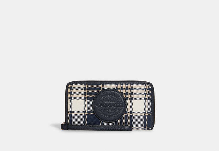 COACH®,DEMPSEY LARGE PHONE WALLET WITH GARDEN PLAID PRINT AND COACH PATCH,Jacquard,Mini,Gold/Midnight Multi,Front View