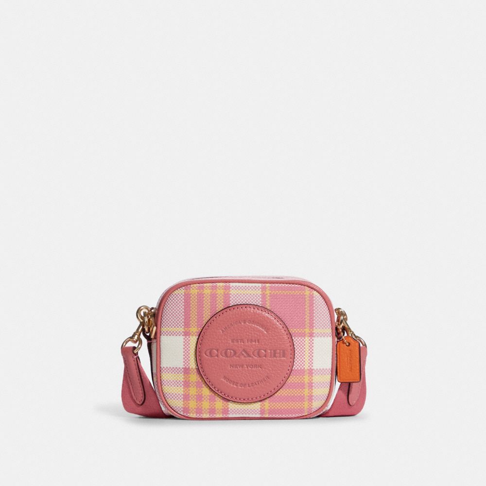 COACH®,MINI DEMPSEY CAMERA BAG WITH GARDEN PLAID PRINT AND COACH PATCH,Jacquard,Medium,Gold/Taffy Multi,Front View image number 0