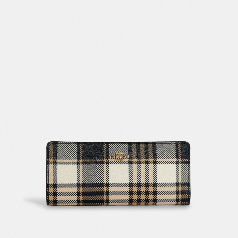 COACH®,SLIM WALLET WITH GARDEN PLAID PRINT,Gold/Midnight Multi,Front View