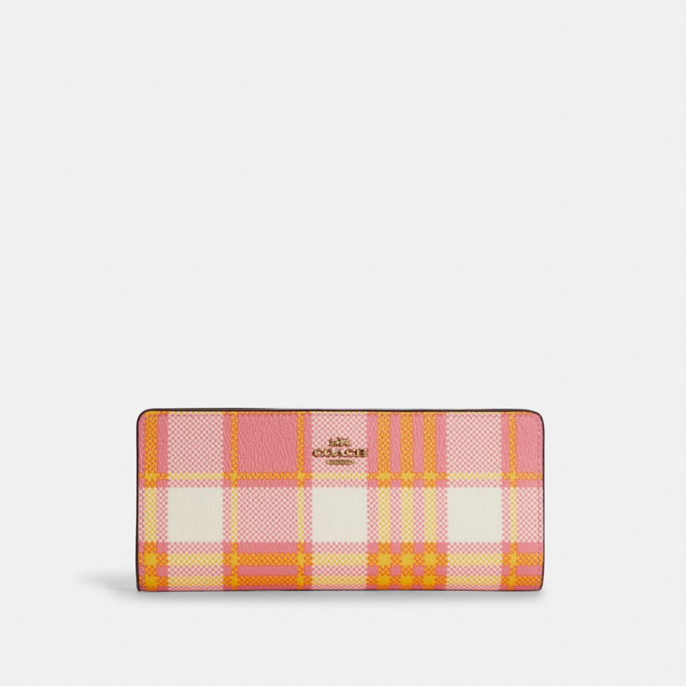 COACH®,SLIM WALLET WITH GARDEN PLAID PRINT,Gold/Taffy Multi,Front View