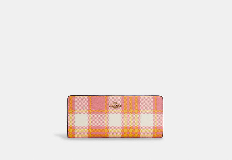 COACH®,SLIM WALLET WITH GARDEN PLAID PRINT,Gold/Taffy Multi,Front View