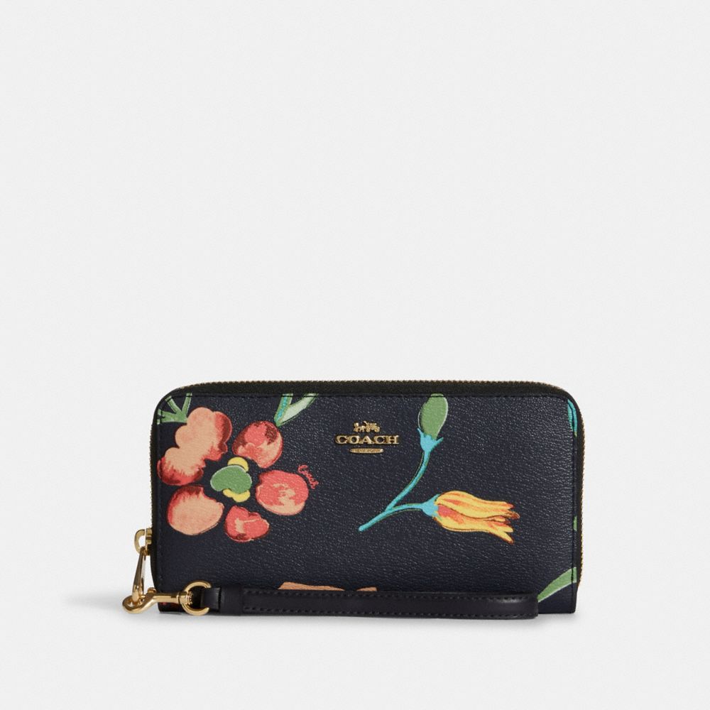 Coach Large Corner Zip Wristlet Dreamy Land Floral Print Gold Midnight  Multi New